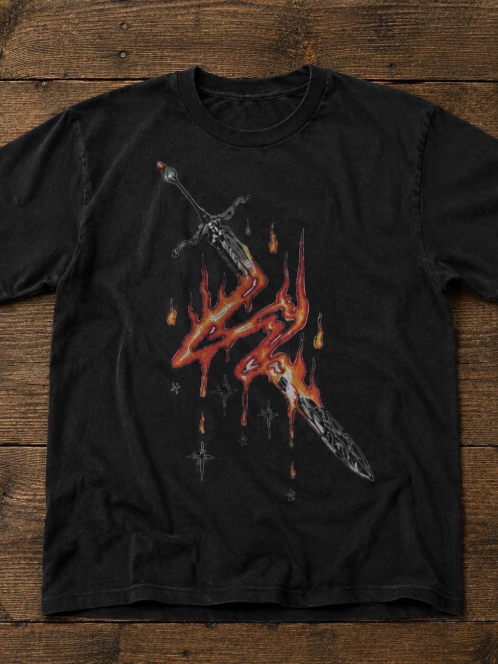Gildan Black Tee with Flaming Sword Graphic